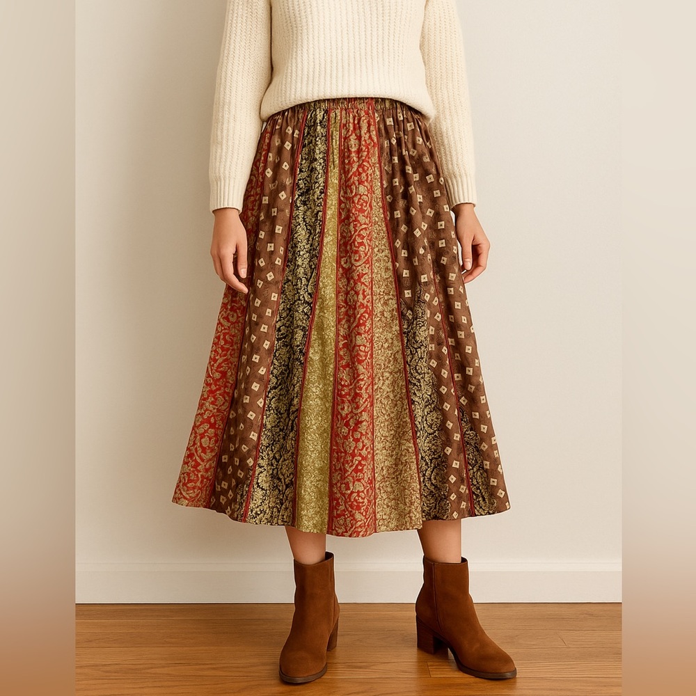 JM Collection Womens 16 Boho Patchwork Maxi Skirt Earthy Festival Elastic Waist